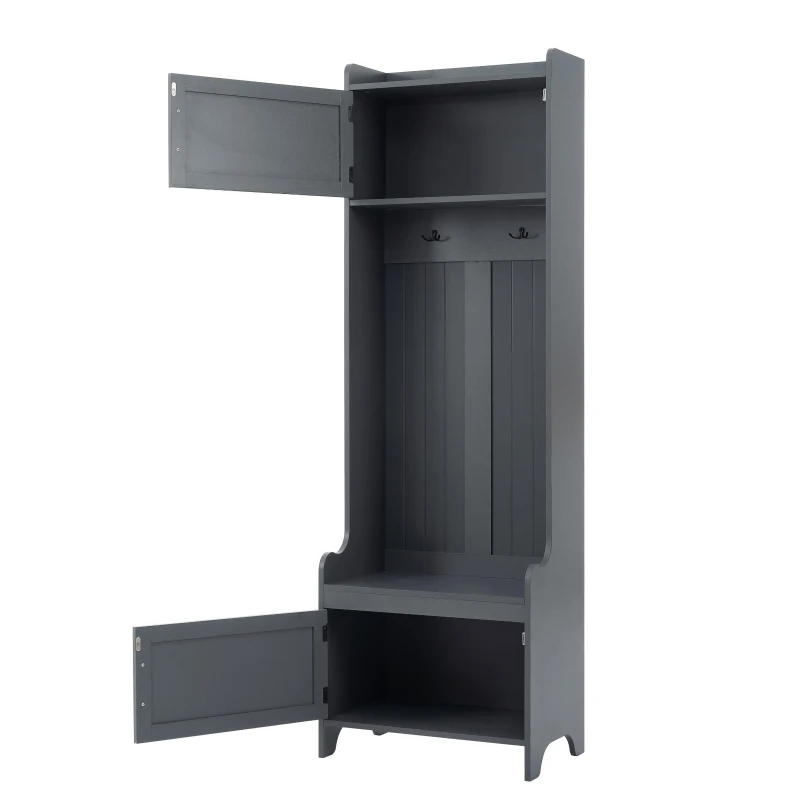 Vinsetto Modern 4-in-1 Hall Tree with Coat Rack, Storage Bench, Entryway Shelf, 7 Metal Hooks, and 4 Cabinets, 78.5" L x 15" W x 72" H, Grey