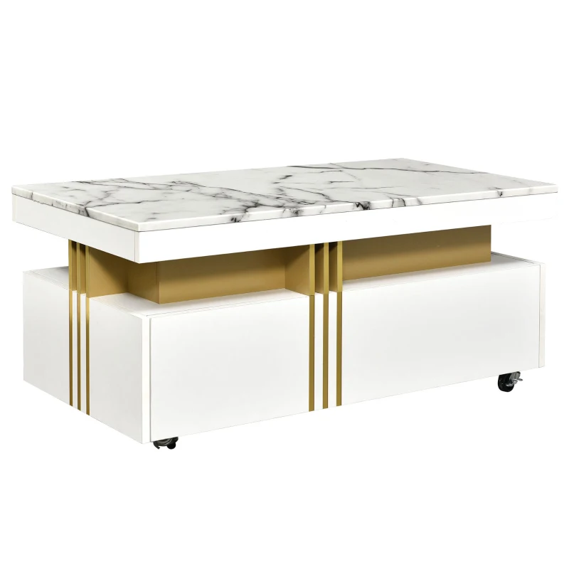 Vinsetto Contemporary Coffee Table with Faux Marble Top, Rectangle Cocktail Table with Caster Wheels and Two Drawers, 39.5" L x 20" W x 17.5" H, White