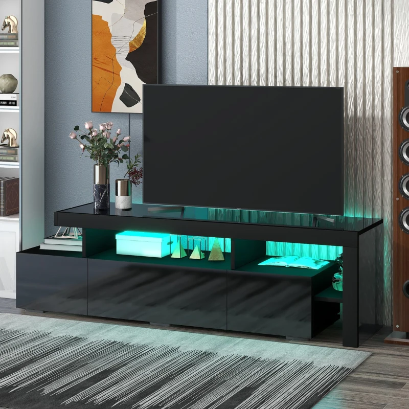 Vinsetto Modern 16-Color LED TV Stand Fits Up to 70" TV, High Gloss Entertainment Center with DVD Shelf, 73" L x 15.5" W x 19.5" H, Black