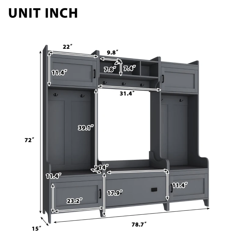 Vinsetto Modern 4-in-1 Hall Tree with Coat Rack, Storage Bench, Entryway Shelf, 7 Metal Hooks, and 4 Cabinets, 78.5" L x 15" W x 72" H, Grey