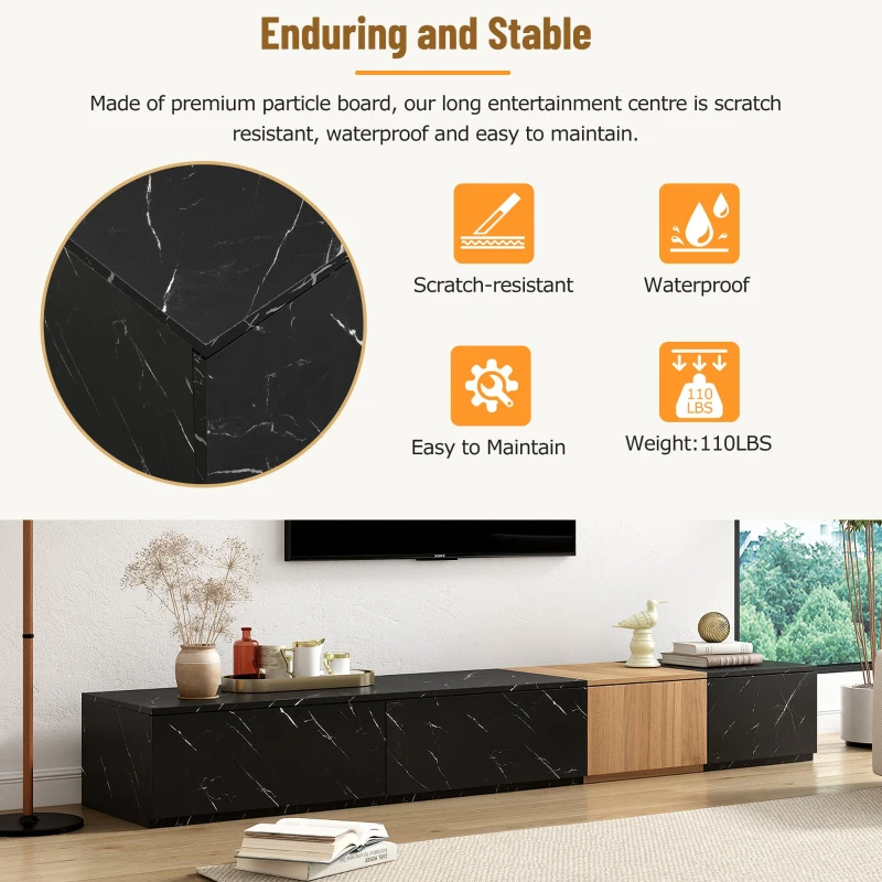 TV Stand with Faux Marble and Walnut Finish, Modular Entertainment Center for TVs up to 88", 4 Storage Drawers, Black