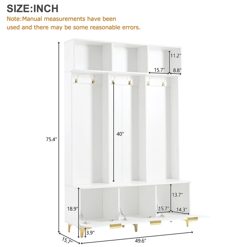 Modern Hall Tree with Bench, High Gloss Fluted Doors, 6 Gold Hooks, and Storage Cubbies, 49.5" L x 15.5" W x 75.5" H, White+Gold