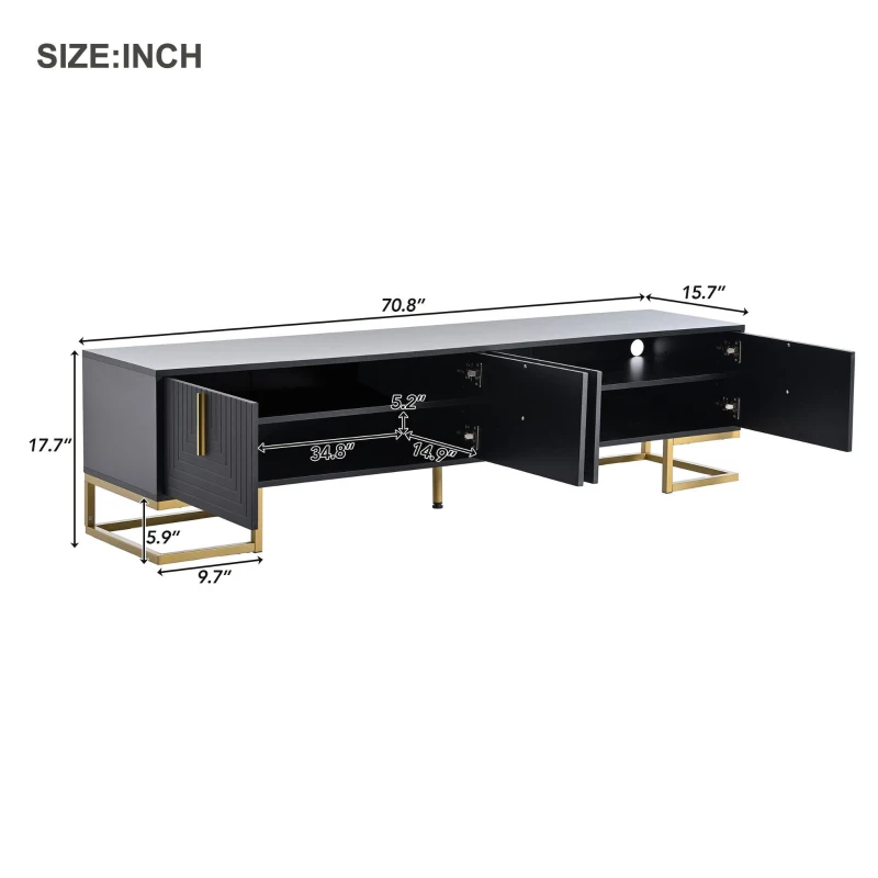 Vinsetto Modern TV Stand with Metal Legs and Gold Handles for TVs Up to 80", Media Console Table with Cabinets and Adjustable Shelves, Black+Gold