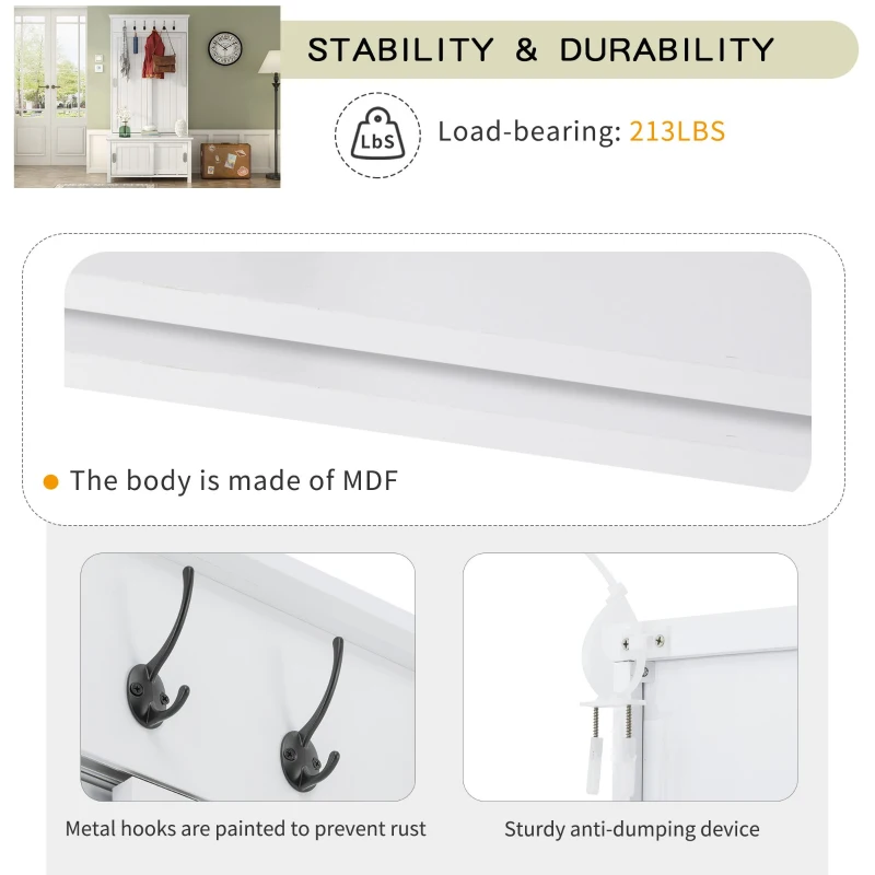 Vinsetto Multifunctional Hall Tree with Storage Bench, Hallway Shoe Cabinet with Shelves, Mudroom Coat Storage with Hanging Hooks for Entryways, White