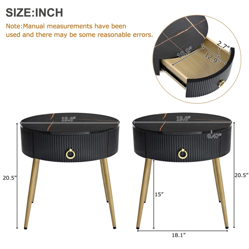 Set of 2 Modern End Tables with Storage, Faux Marble Tabletops, Fluted Panels, and Golden Legs, 19.5" L x 19.5" W x 20.5" H, Black+Gold