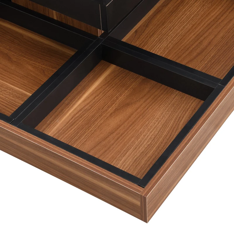 Square 360° Rotating Wood Coffee Table with 3 Detachable Trays, Storage Table for Living Room, 27.5" L x 27.5" W x 14" H, Black+Dark Walnut