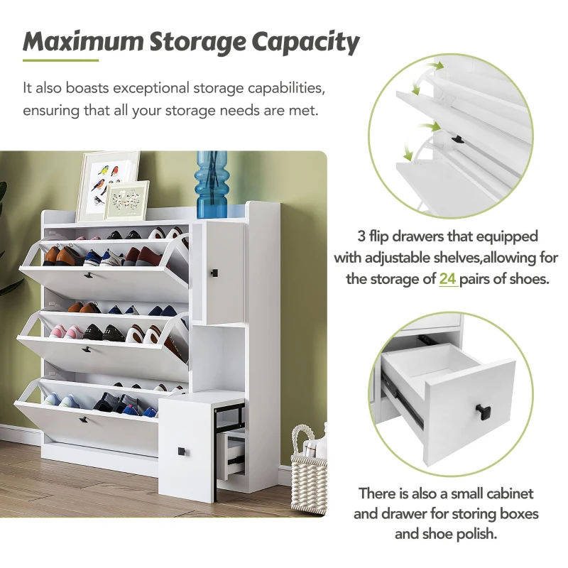 Vinsetto Versatile Shoe Cabinet with 3 Flip Drawers, Pull-Down Seat, and Adjustable Shelves, 47" L x 9.5" W x 47.5" H, White