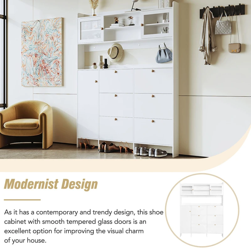 Multifunctional Shoe Cabinet with Storage Shelf, 6 Drawers, 4 Hooks and Tempered Glass Doors, Modern Hall Tree, 62" L x 7" W x 82" H, White