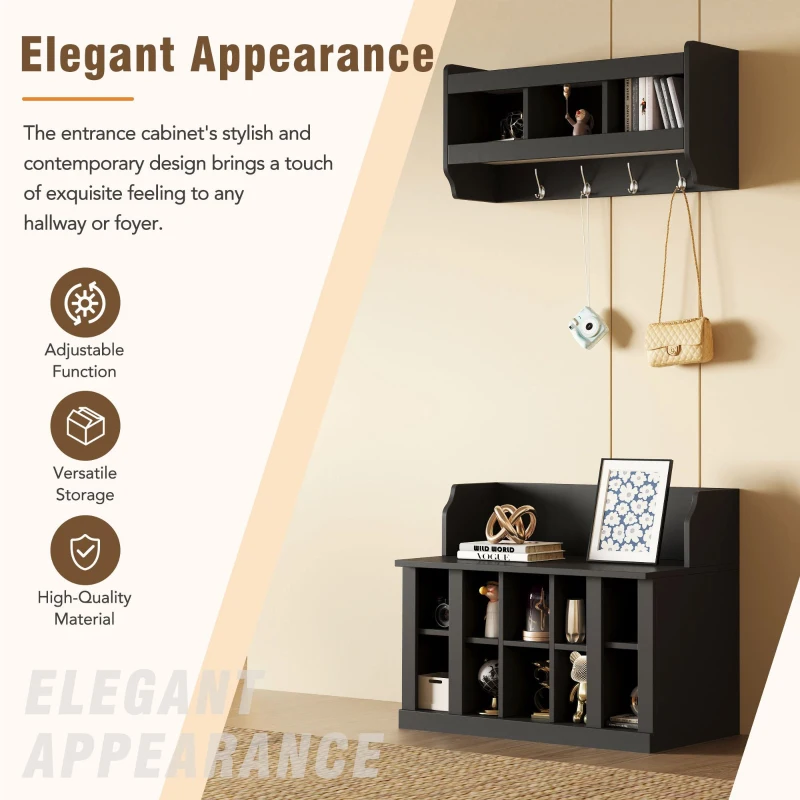 Shoe Cabinet Storage with Shelves and 4 Hooks, Elegant Hall Tree with Wall Mounted Coat Rack, Entryway Organizer for Hallway, Mudroom, Black