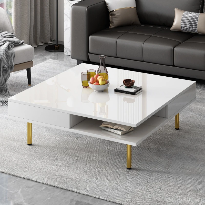 Exquisite High Gloss Coffee Table with 4 Golden Legs, 2 Small Drawers, and 2-Tier Square Design for Living Room, 33.5", White