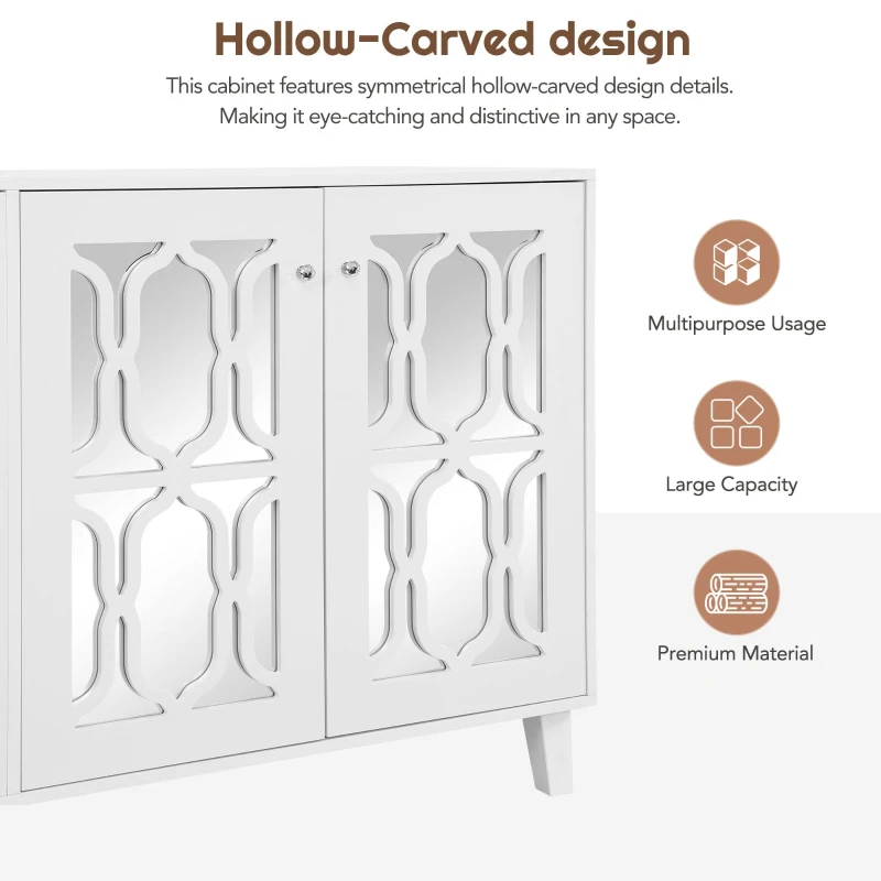 Vinsetto Side Cabinet with Adjustable Shelves, 4-Door Mirror Hollow-Carved TV Stand for TVs Up to 70", Multi-functional Console Table with Storage, White