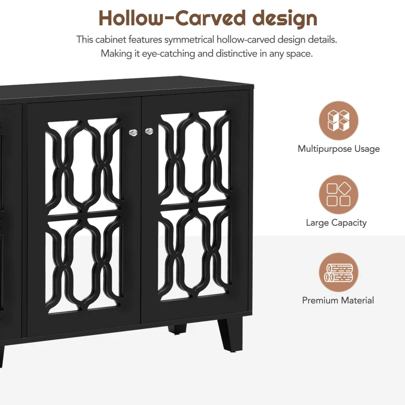 Vinsetto Side Cabinet with Adjustable Shelves, 4-Door Mirror Hollow-Carved TV Stand for TVs Up to 70", Multi-functional Console Table with Storage, Black