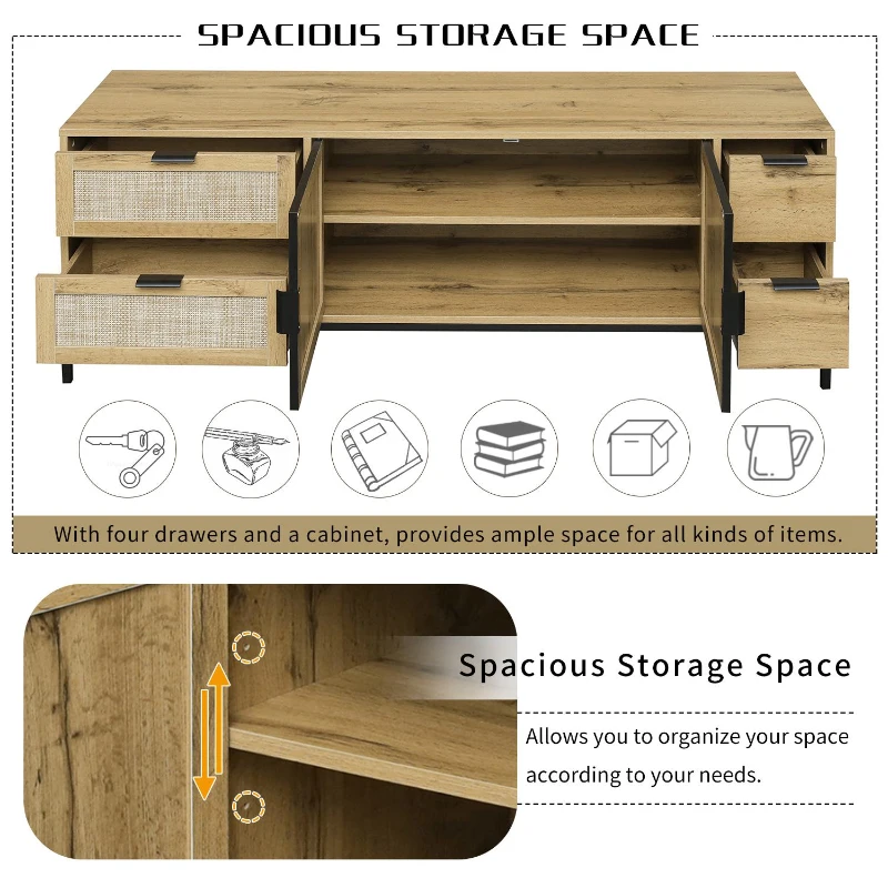 Vinsetto Elegant Rattan TV Stand for TVs up to 65", Boho Style Media Console with Adjustable Shelves and Cable Management, Brown