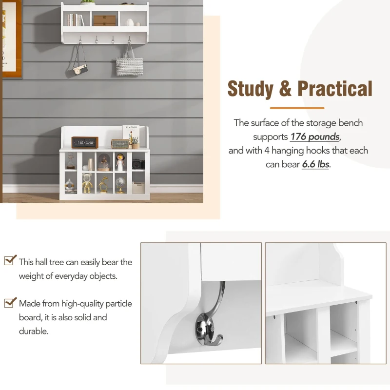 Shoe Cabinet Storage with Shelves and 4 Hooks, Elegant Hall Tree with Wall Mounted Coat Rack, Entryway Organizer for Hallway, Mudroom, White