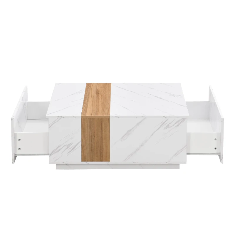 Vinsetto Modern Coffee Table with Faux Marble and Walnut Wood Grain Finish, Rectangular Center Table with 2 Storage Drawers, Space-Saving Design, White