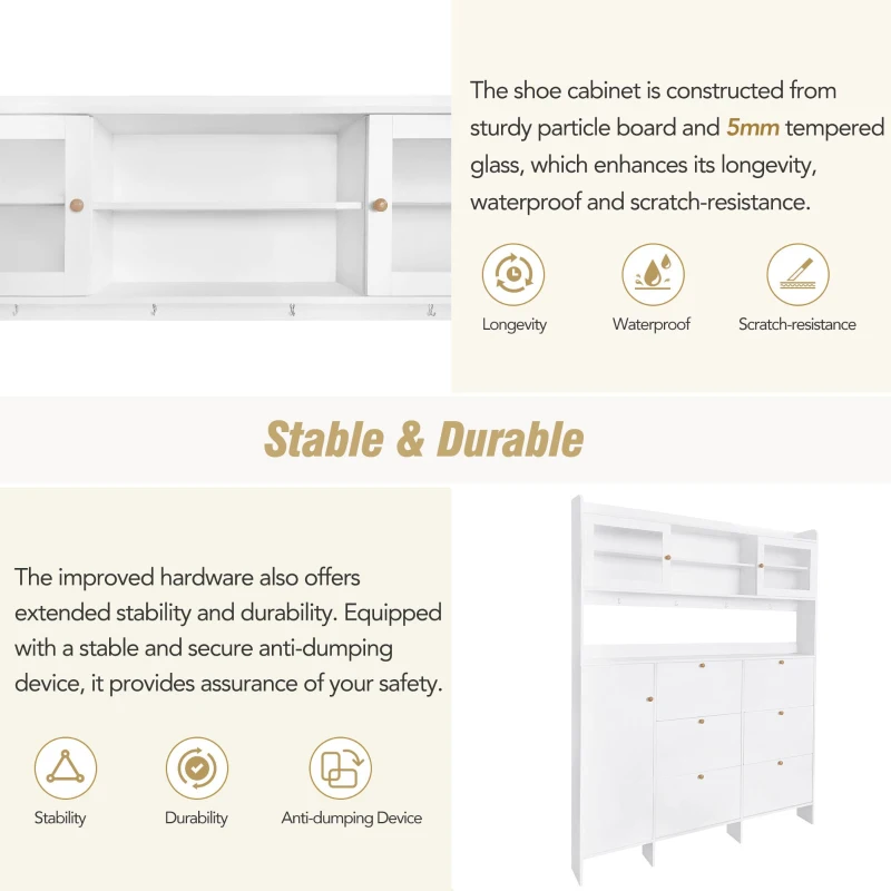 Multifunctional Shoe Cabinet with Storage Shelf, 6 Drawers, 4 Hooks and Tempered Glass Doors, Modern Hall Tree, 62" L x 7" W x 82" H, White