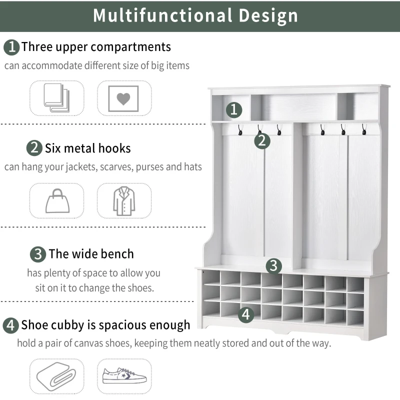 60" Modern Wide Hall Tree with Metal Hooks, Entryway Bench, 24 Shoe Cubbies and Ample Storage, Coat Rack for Hallway, White