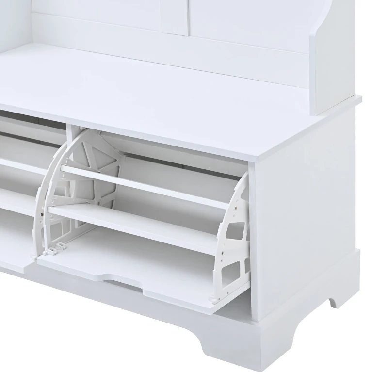 Vinsetto All-in-One Hall Tree with 3 Top Shelves, 2 Flip Shoe Storage Drawers, Storage Bench, and Metal Hanging Hooks, 39.5" L x 18" W x 71" H, White