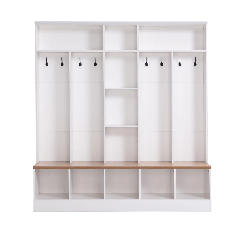 Wide Hall Tree with Storage Bench, Cube Storage, Shelves and 8 Hooks, Multifunctional Coat Rack, Shoe Cabinet, 67" L x 15" W x 72" H, White