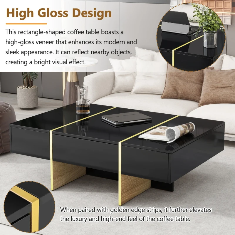 Minimalist High Gloss Coffee Table with 2 Drawers, Storage Rectangle Sofa Table, with Golden Wood Legs, 47" L x 31.5" W x 15.5" H, Black