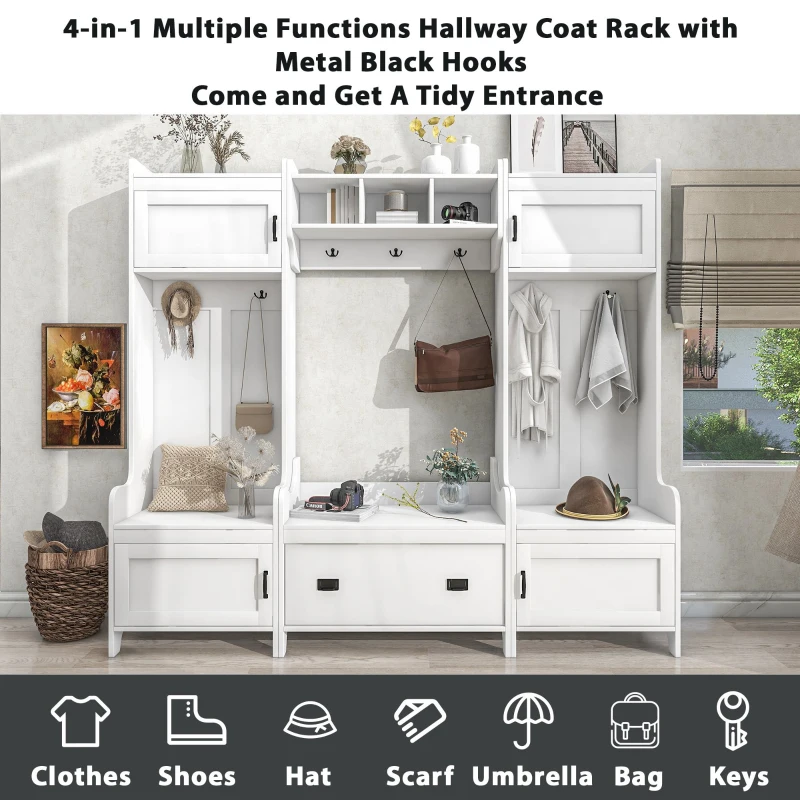 Modern 4-in-1 Hall Tree with Coat Rack, Storage Bench, Entryway Shelf, 7 Metal Hooks, and 4 Cabinets, 78.5" L x 15" W x 72" H, White
