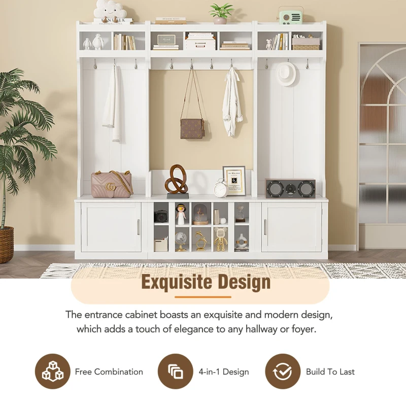 Vinsetto 4-in-1 Wide Storage Hall Tree with Bench and Shoe Cubbies, Multi-functional Entryway Coat Rack, 82.5" L x 15.5" W x 78.5" H, White