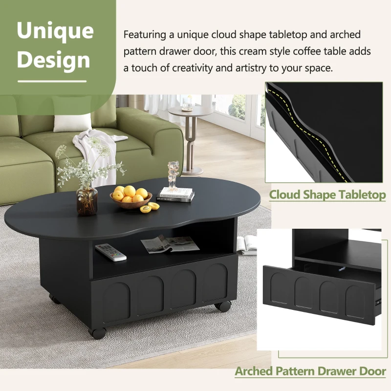 Vinsetto Coffee Table with Cloud Top, 2 Brake Wheels, Drawer, and Large Storage, 39.5" L x 23.5" W x 17.5" H, Black