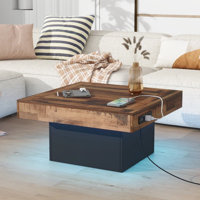 Farmhouse Wood Coffee Table with 2 USB Ports and Outlets, LED Light, Anti-Slip Foot Pads, Spliced Wood Grain, 31.5" L x 31.5" W x 16.5" H, Black