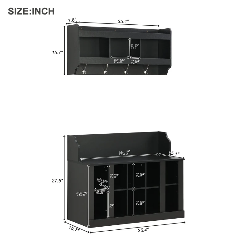 Shoe Cabinet Storage with Shelves and 4 Hooks, Elegant Hall Tree with Wall Mounted Coat Rack, Entryway Organizer for Hallway, Mudroom, Black
