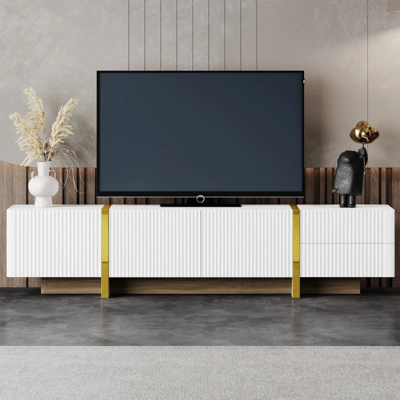 Luxury Fluted TV Stand with Storage Cabinets & Drawers, Smooth Media Console with Golden Wood Grain Legs, 75" L x 14" W x 18" H, White