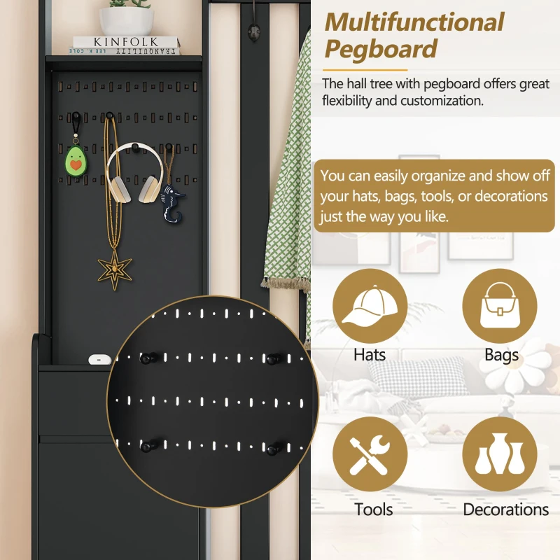 Contemporary Hall Tree with Cushioned Storage Bench, Multifunctional Coat Rack Stand, with Pegboard and 4 Hooks, 39.5" L x 12" W x 71" H, Black