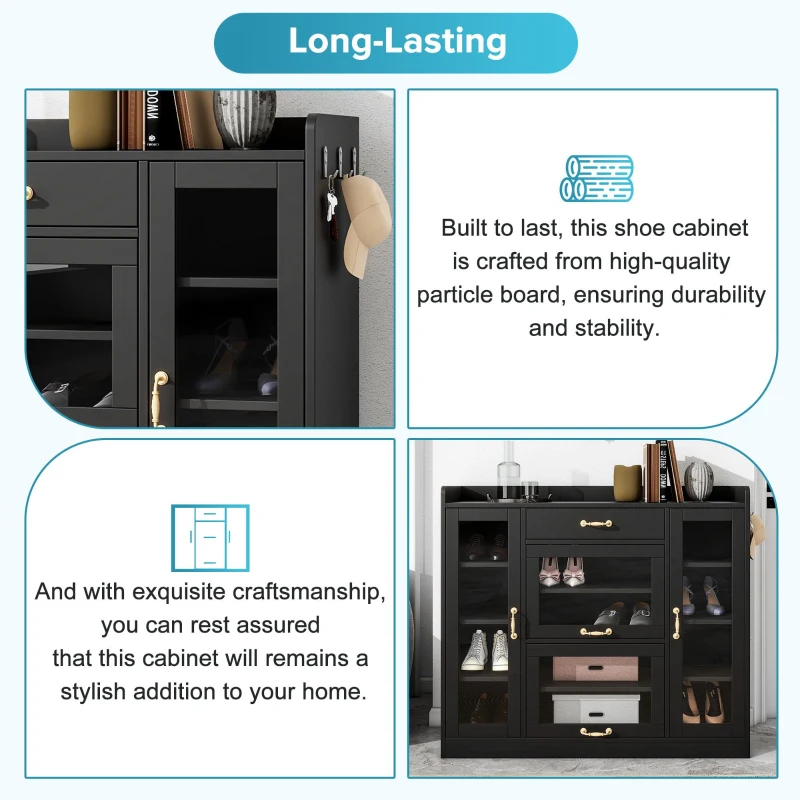 Vinsetto Modernist Side Storage Cabinets with 4 Glass Doors & 3 Hooks, Freestanding Shoe Rack with Adjustable Shelves, Gold Handles, Black