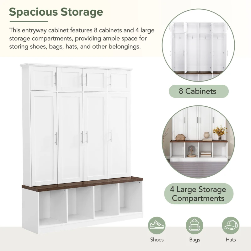 Vinsetto Multi-Functional Hall Tree with 4 Hidden Hanging Hooks, Brown Wood Grain Bench, Multiple Storage Spaces, 59" L x 15.5" W x 75" H, White