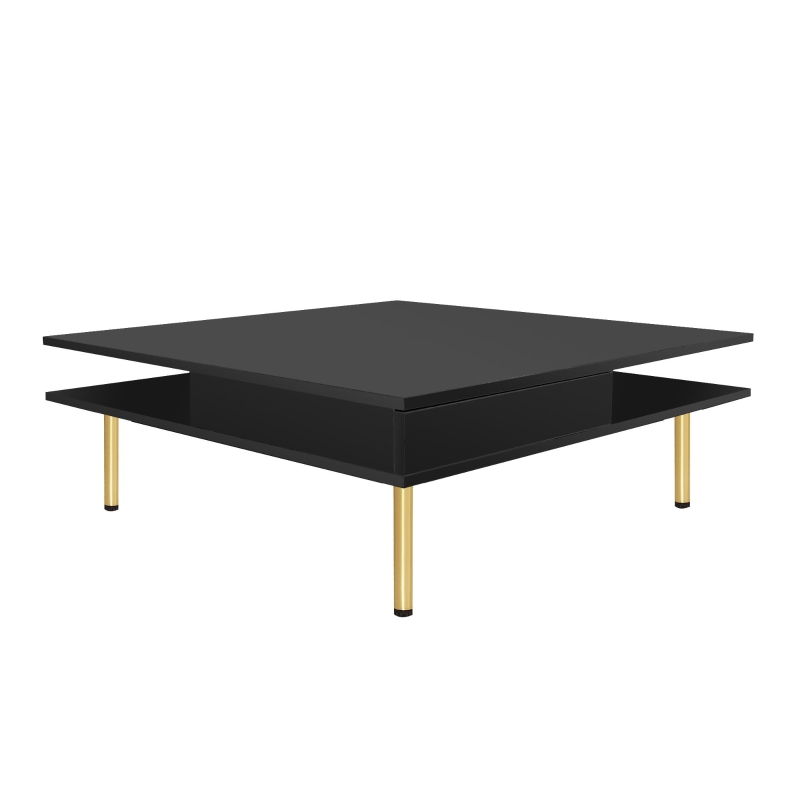 Exquisite High Gloss Coffee Table with 4 Golden Legs, 2 Small Drawers, and 2-Tier Square Center Table for Living Room, Black