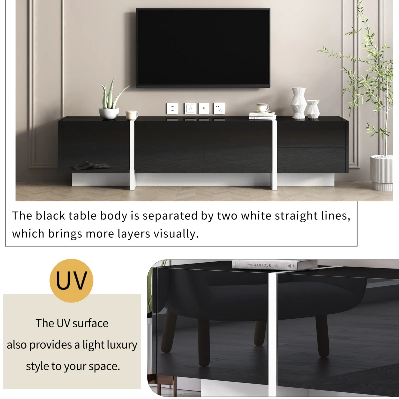 Vinsetto Modern TV Stand Console Table with High Gloss UV Surface, Contemporary TV Stand for TVs Up to 80", 2 Drawers and 3 Cabinets, Black