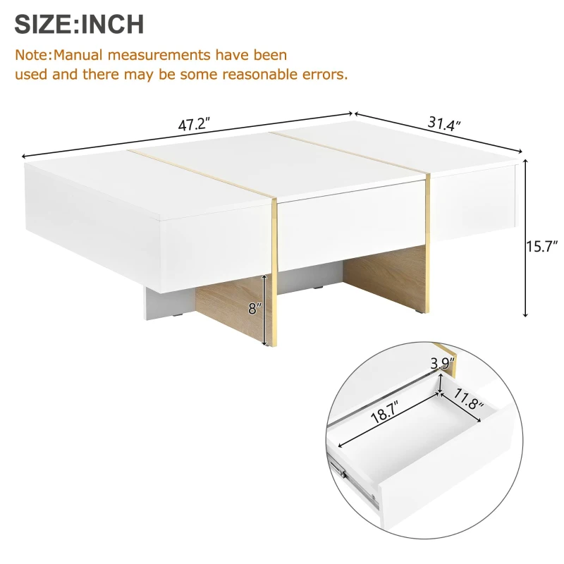 Minimalist High Gloss Coffee Table with 2 Drawers, Storage Rectangle Sofa Table, with Golden Wood Legs, 47" L x 31.5" W x 15.5" H, White