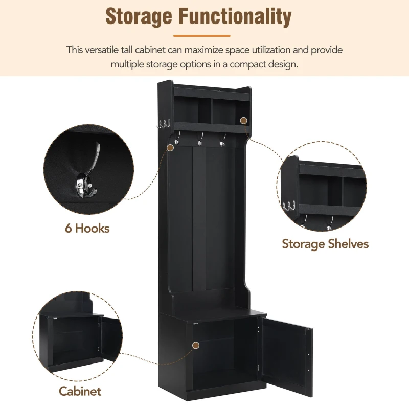 Vinsetto Minimalist Slim Hall Tree with Cabinet & 6 Hanging Hooks, Multi-functional Storage, Elegant Foyer Cabinet for Hallway, Living Room, Black