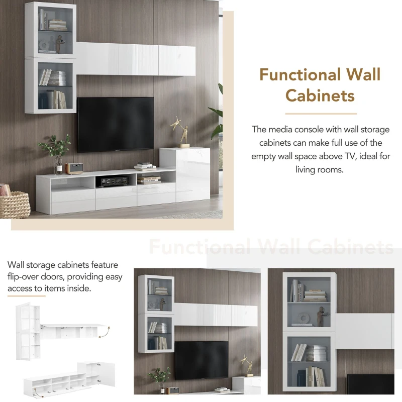 Vinsetto High Gloss TV Stand for TVs Up to 78" with Ample Storage, Media Console, Wall Mounted Floating Cabinets, 93" L x 15" W x 26" H, White