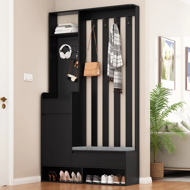 Contemporary Hall Tree with Cushioned Storage Bench, Multifunctional Coat Rack Stand, with Pegboard and 4 Hooks, 39.5" L x 12" W x 71" H, Black