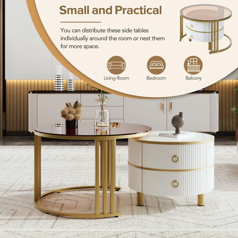 Stackable Coffee Table Set with 2 Drawers, Nesting Tables with Tempered Glass and High Gloss Marble Tabletop, Table for Living Room, Golden White
