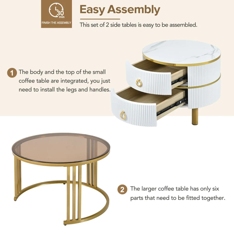 Stackable Coffee Table Set with 2 Drawers, Nesting Tables with Tempered Glass and High Gloss Marble Tabletop, Table for Living Room, Golden White