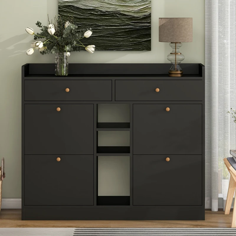 Modern Shoe Cabinet with 4 Flip Drawers, 2-Tier Shoe Storage Organizer, Shoe Rack for Entrance Hallway, 50.5" L x 9.5" W x 42.5" H, Black