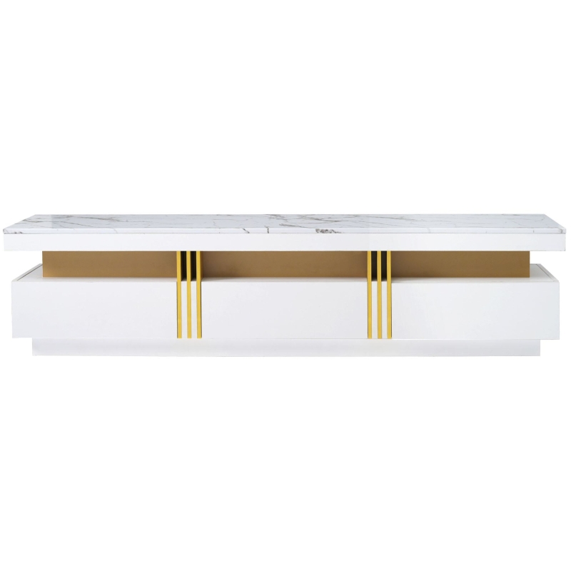 Vinsetto Luxury TV Stand with High Gloss Faux Marble Top for TVs Up to 78", Media Console with Golden Panel Design and 3 Drawers, White+Gold