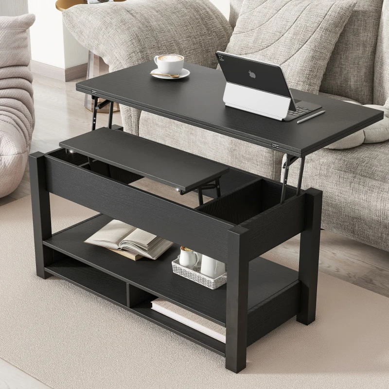 Vinsetto Lift Top Coffee Table with Multi-Functional Open Shelves, Modern Lift Tabletop Dining Table for Living Room, 42" L x 40" W x 25.5" H, Black