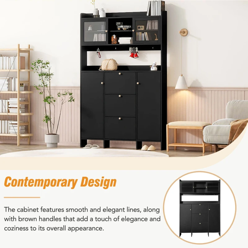 Vinsetto Contemporary Shoe Cabinet with Open Storage Platform, 3 Drawers and 4 Hooks, Tempered Glass Hall Tree, 55" L x 7" W x 82" H, Black