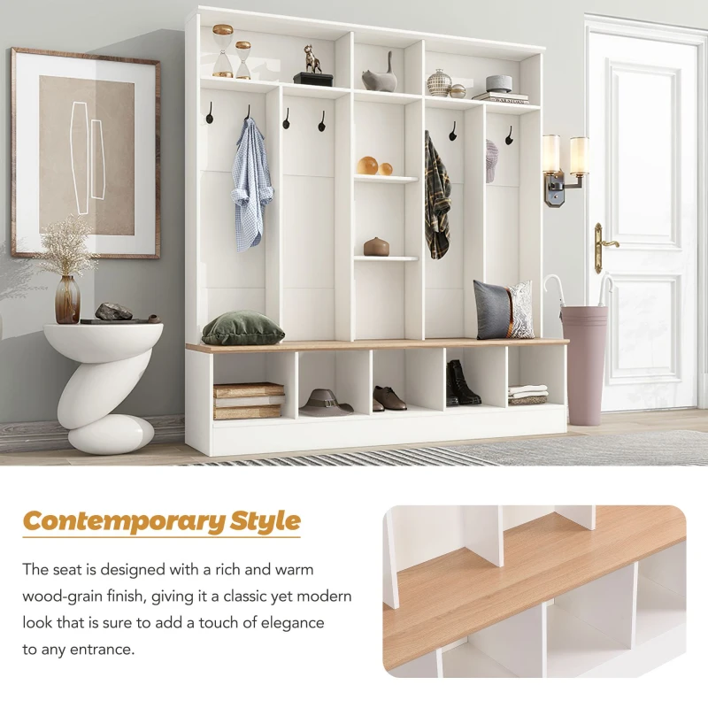 Wide Hall Tree with Storage Bench, Cube Storage, Shelves and 8 Hooks, Multifunctional Coat Rack, Shoe Cabinet, 67" L x 15" W x 72" H, White