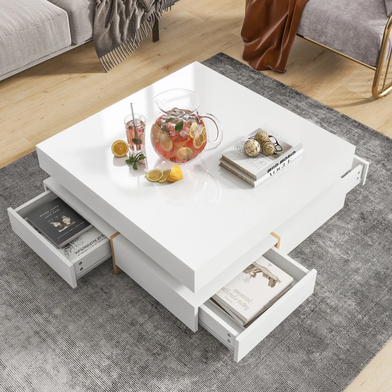 Modern High Gloss Coffee Table with 4 Drawers, Multi-Storage Square Cocktail Tea Table with Wood Grain Legs, 31.5''x31.5'', White