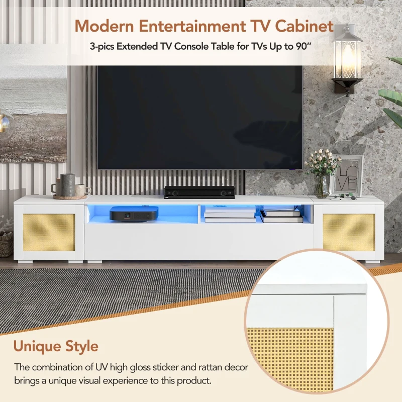 Vinsetto Modern TV Stand Fits TVs Up to 90" with Push to Open Doors, LED Lights, Rattan Style Entertainment Center, 82.5" L x 15.5" W x 14" H, White