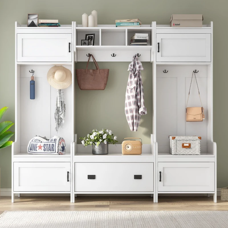 Modern 4-in-1 Hall Tree with Coat Rack, Storage Bench, Entryway Shelf, 7 Metal Hooks, and 4 Cabinets, 78.5" L x 15" W x 72" H, White