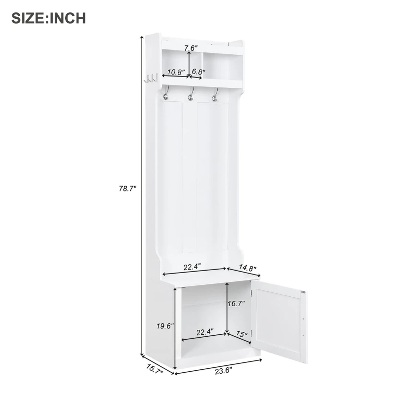 Vinsetto Minimalist Slim Hall Tree with Cabinet & 6 Hanging Hooks, Multi-functional Storage, 24" L x 16" W x 79" H, White